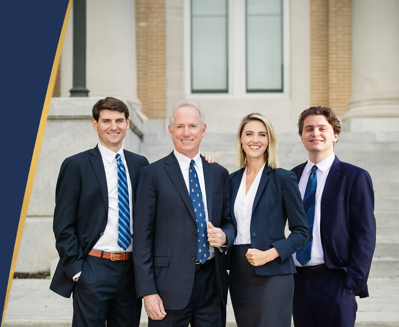 Ingram Injury Law attorneys Timothy M. Ingram, Jr., Timothy M. Ingram, Sr., Megan E. Ingram, & Mark L. Hilberath posing infront of the Pinellas County Court House